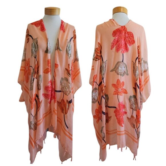 Woven Heart Sweaters - Woven Heart Floral Metallic Peach Lightweight Side Slit Kimono Swim Cover Up 2X